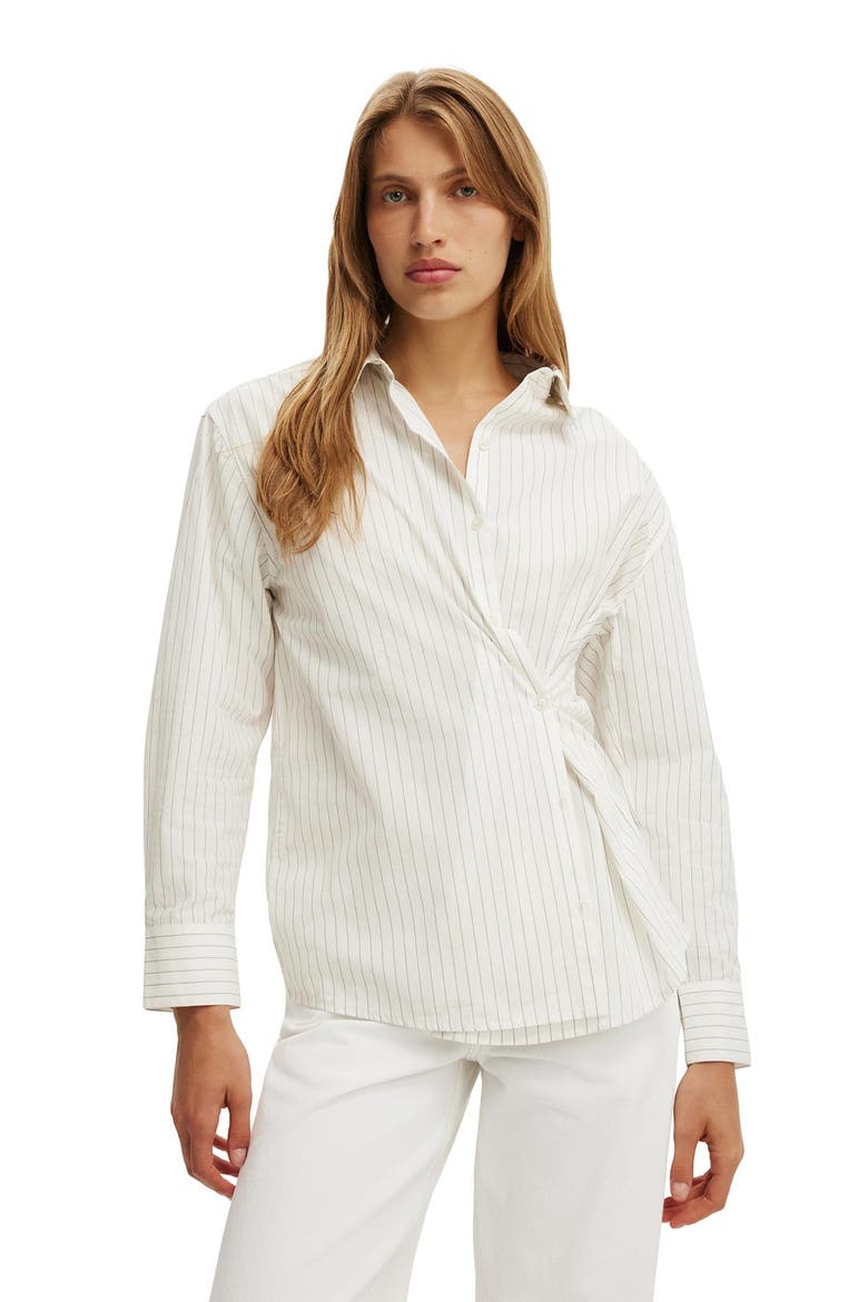Women's Ella Wrap Long Sleeve Shirt, Alternate, color, Grey Pinstripe