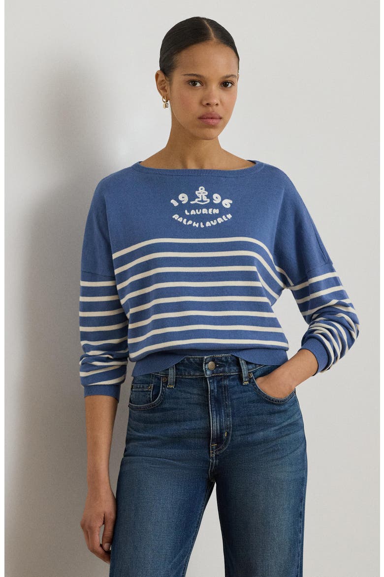 Striped Combed Cotton Boat Neck Sweater, Alternate, color, CARSON BLUE/ CREAM