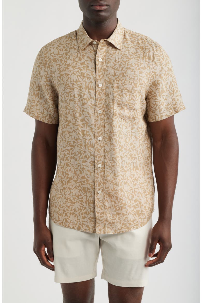 Shadows Short Sleeve Linen Button Front Shirt, Main, color, TAN FLORAL SHADOWS