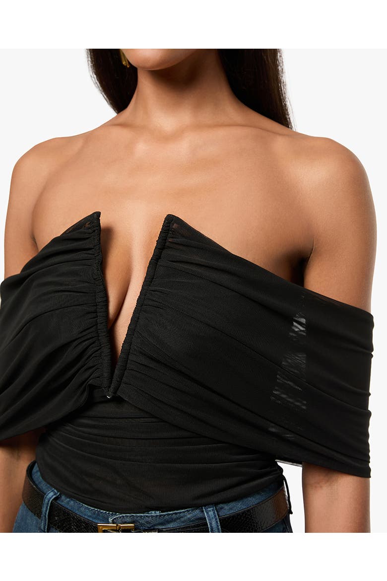 Ruched Off Shoulder Bodysuit, Alternate, color, BLACK