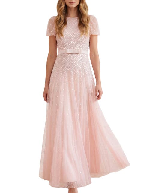 Sequin Cascade Bow Short Sleeve Gown