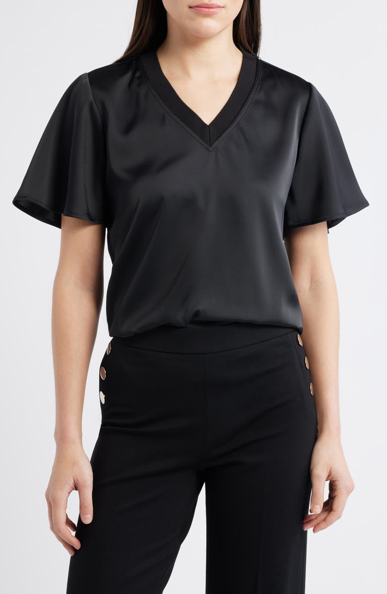 Anne Klein V-Neck Flutter Sleeve Satin Top, Main, color, Anne Black