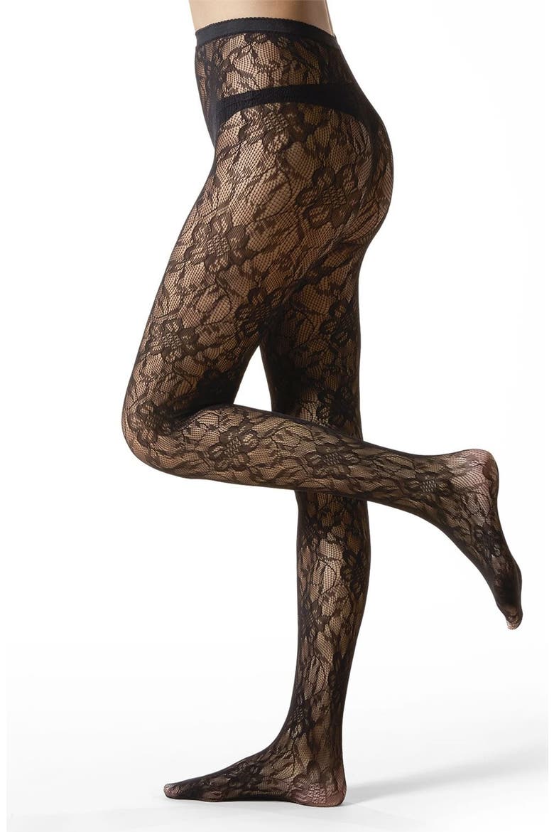 Blooming Floral Net Tights, Alternate, color, BLACK