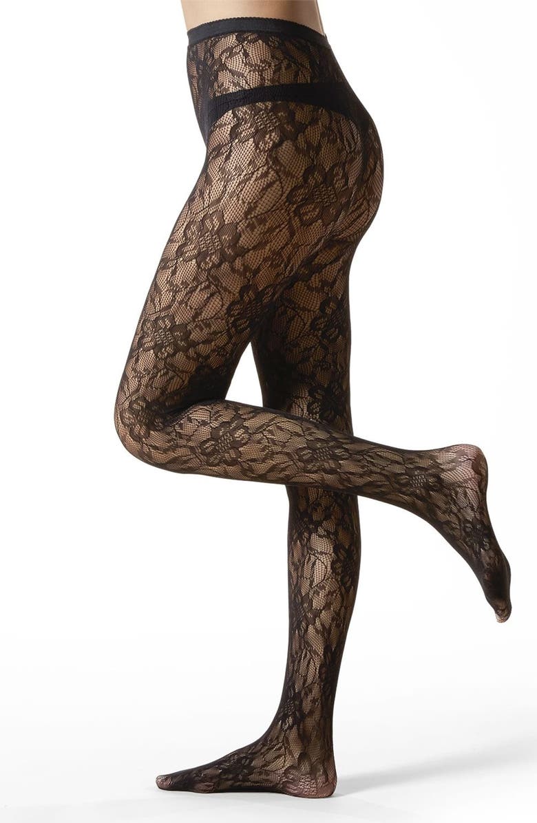 MeMoi Blooming Floral Net Tights, Alternate, color, Black