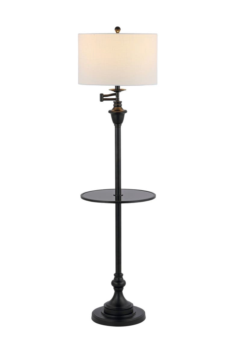 Cora Modern Metal LED Floor Lamp with Integrated Glass Side Table and Swing Arm, Main, color, Black