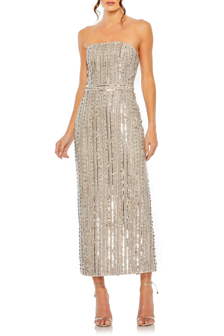 Embellished Strapless Column Dress, Main, color, BEIGE/SILVER