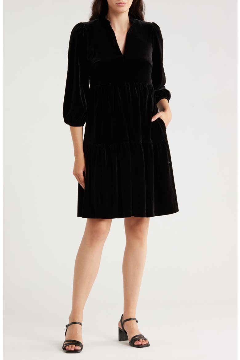 Puff Sleeve Tiered Velvet Dress, Main, color, BLACK