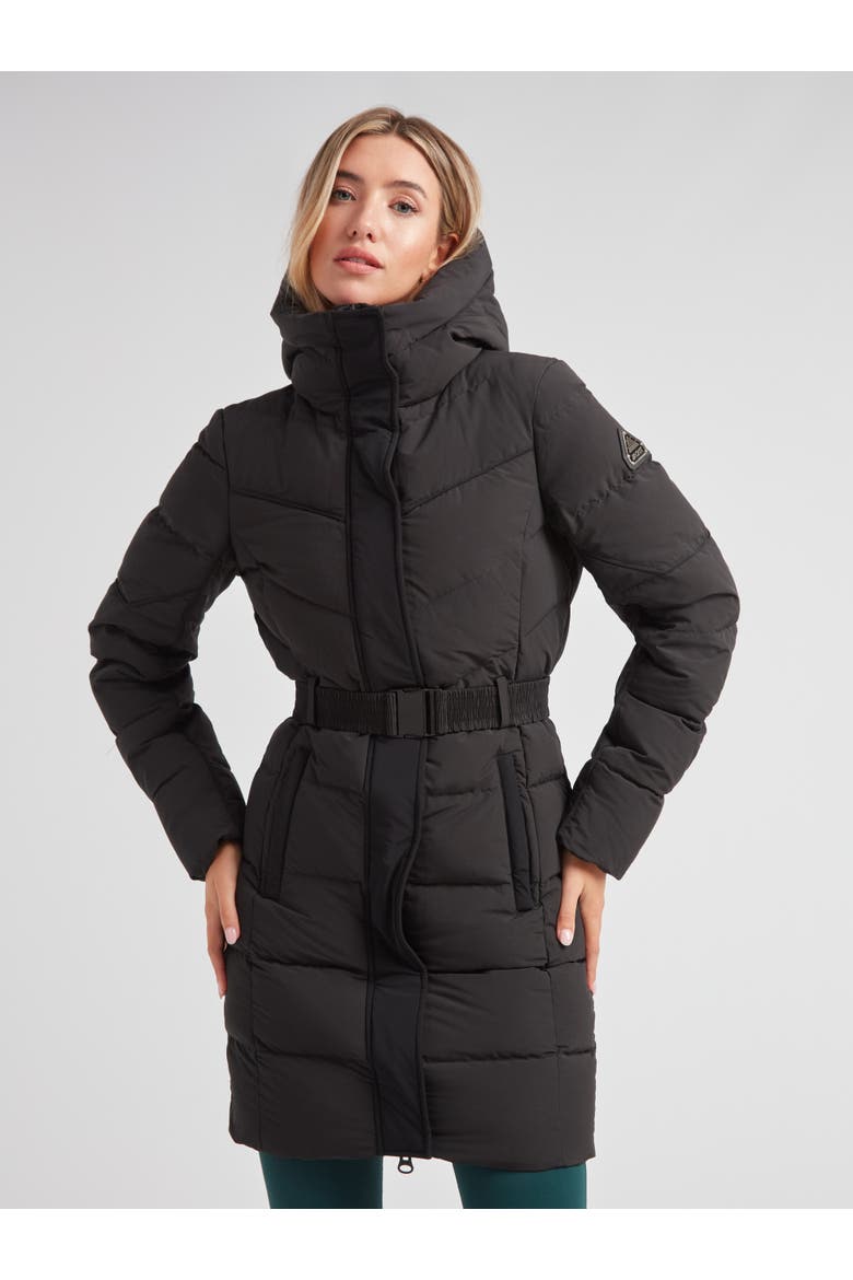 Diamond Belted Hooded Down Coat, Main, color, BLACK
