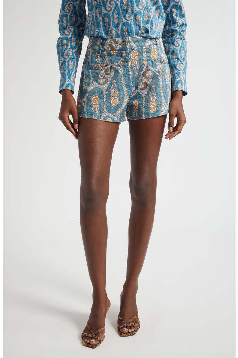 Paisley Print Stretch Denim Shorts, Main, color, PRINT ON WHITE BASE