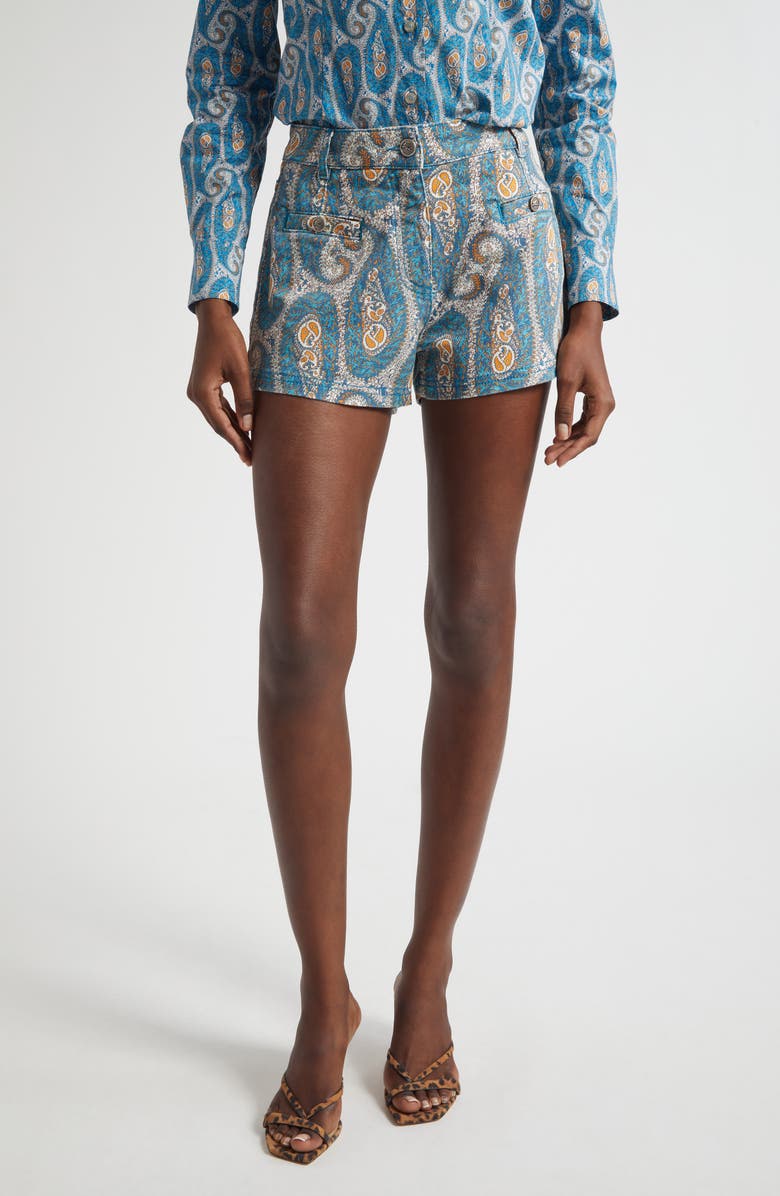 Etro Paisley Print Stretch Denim Shorts, Main, color, Print On White Base