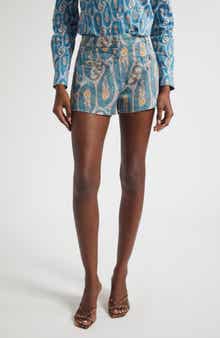 Paisley Print Stretch Denim Shorts