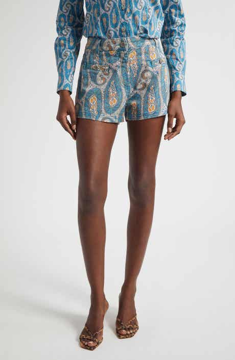Paisley Print Stretch Denim Shorts