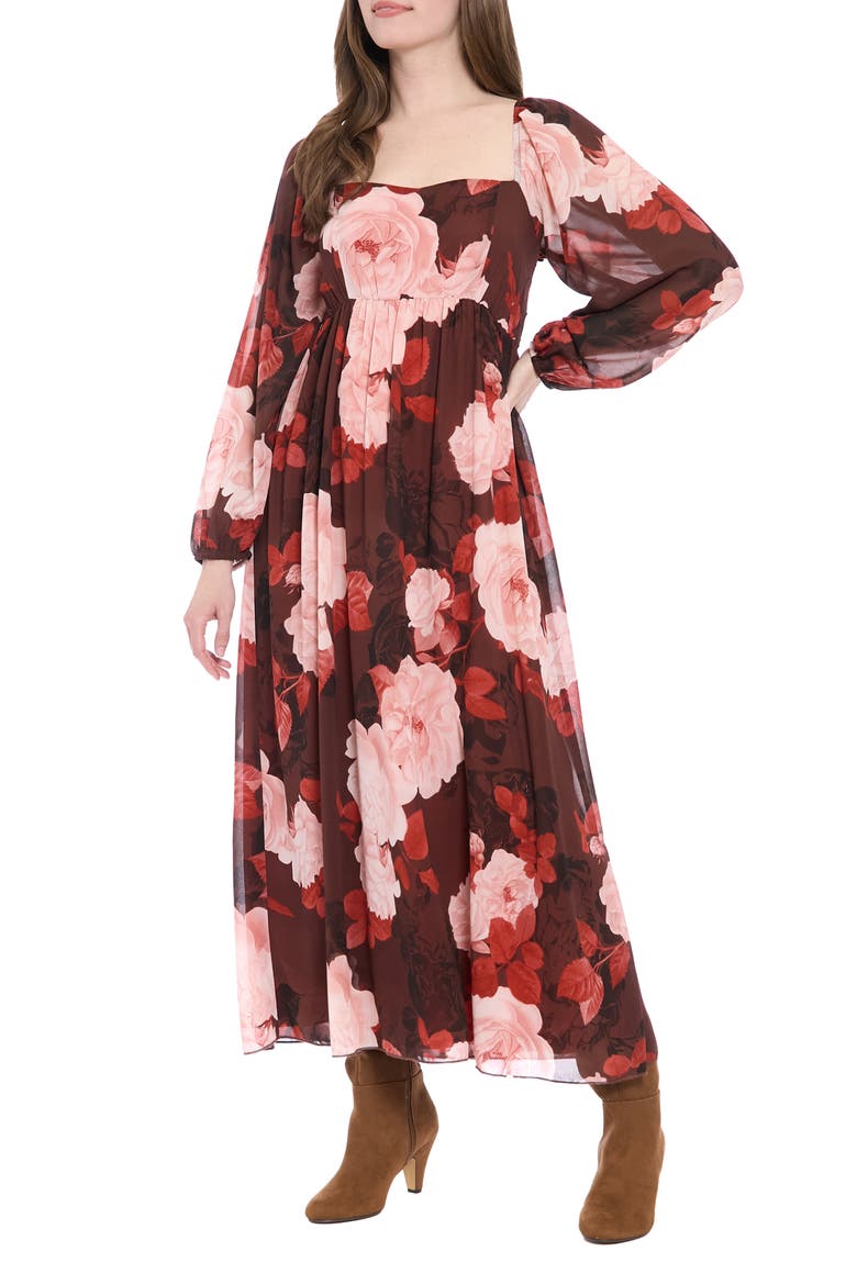 Bishop Sleeve Smocked Back Maxi Dress, Main, color, CHOCOLATE/ BLUSH