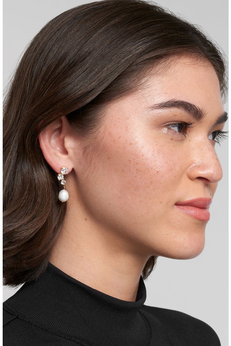 CZ & 9-10mm Freshwater Pearl Drop Earrings, Alternate, color, GOLD