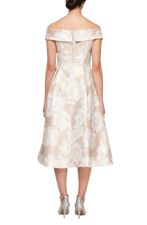 Alex Evenings Floral Jacquard Off The Shoulder Cocktail Dress In Champagne
