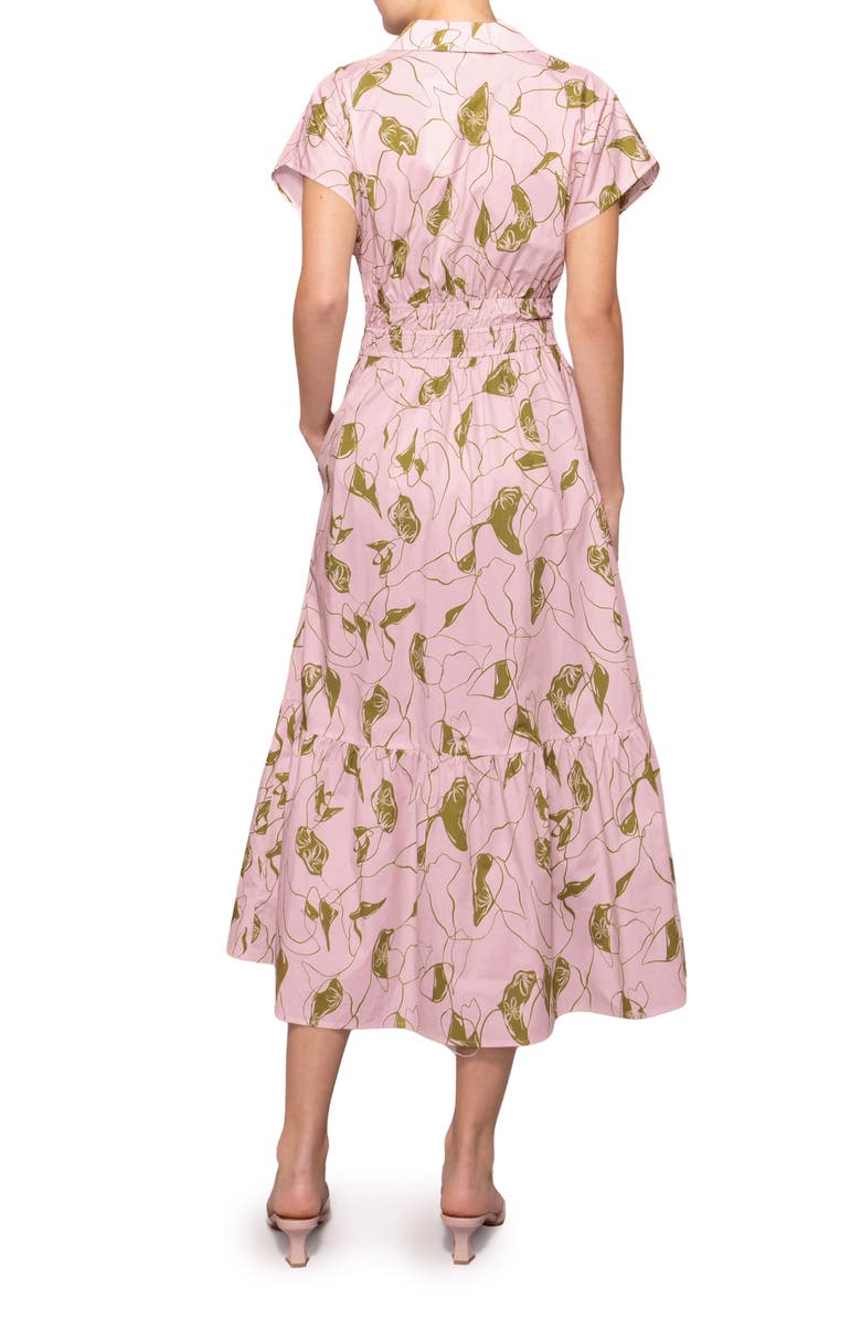 MELLODAY Short Sleeve Poplin Tiered Midi Dress, Alternate, color, Light Pink Olive Print