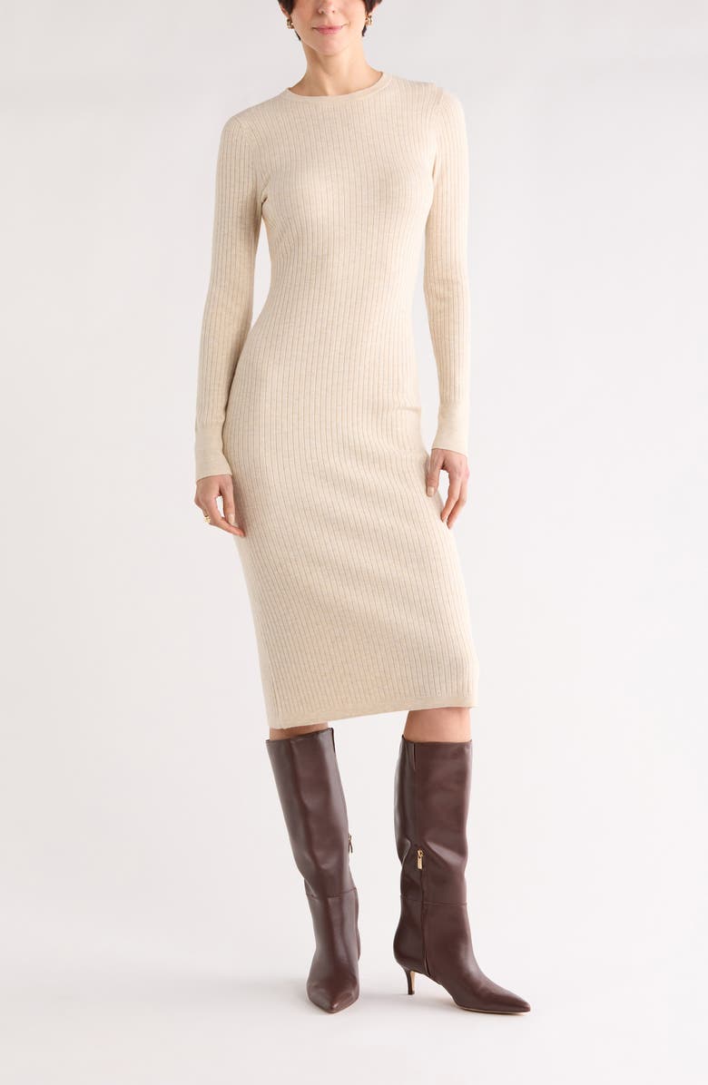 NORDSTROM RACK Long Sleeve Rib Sweater Dress, Main, color, Beige Oatmeal Medium Heather