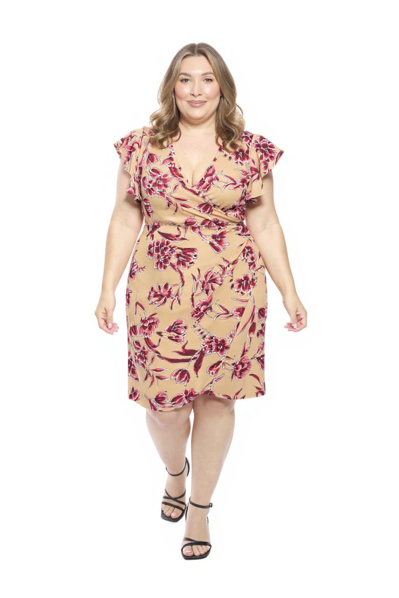 Curvy Essential Flutter Sleeve Faux Wrap Knee Length Dress, Main, color, Beige Multi