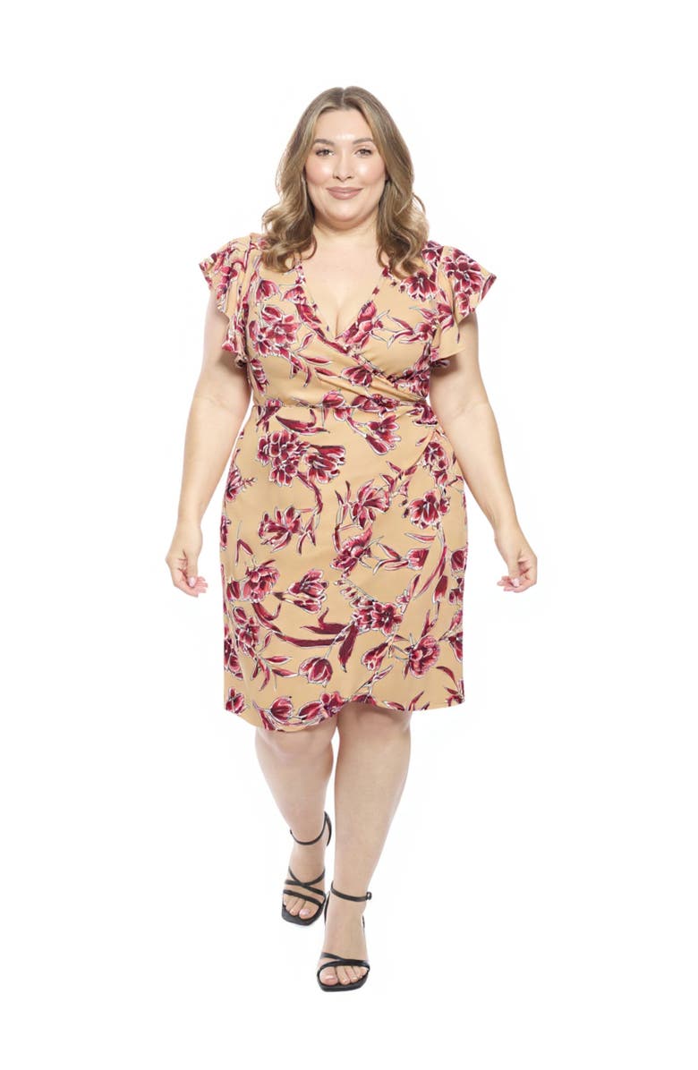 24seven Comfort Apparel Curvy Essential Flutter Sleeve Faux Wrap Knee Length Dress, Main, color, Beige Multi