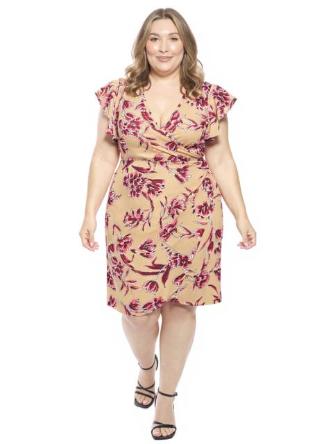 Curvy Essential Flutter Sleeve Faux Wrap Knee Length Dress