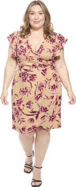 24seven Comfort Apparel Curvy Essential Flutter Sleeve Faux Wrap Knee Length Dress