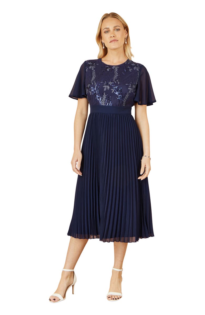 Yumi Sequin Embellished Pleated Midi Dress, Main, color, Navy