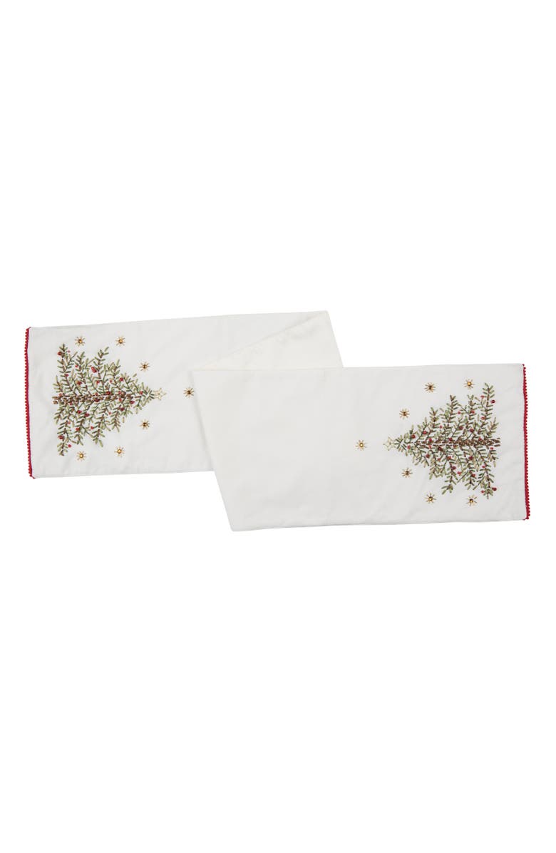 C&F Home Christmas Holiday Embroidered Christmas Tree on White Background Cotton Table Runner 14" x 72", Main, color, White
