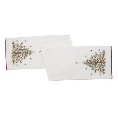 Christmas Holiday Embroidered Christmas Tree on White Background Cotton Table Runner 14" x 72"