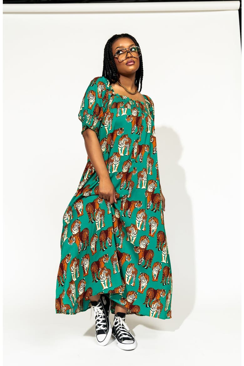 Tiger Print Smocked Maxi Dress, Alternate, color, GREEN TIGER