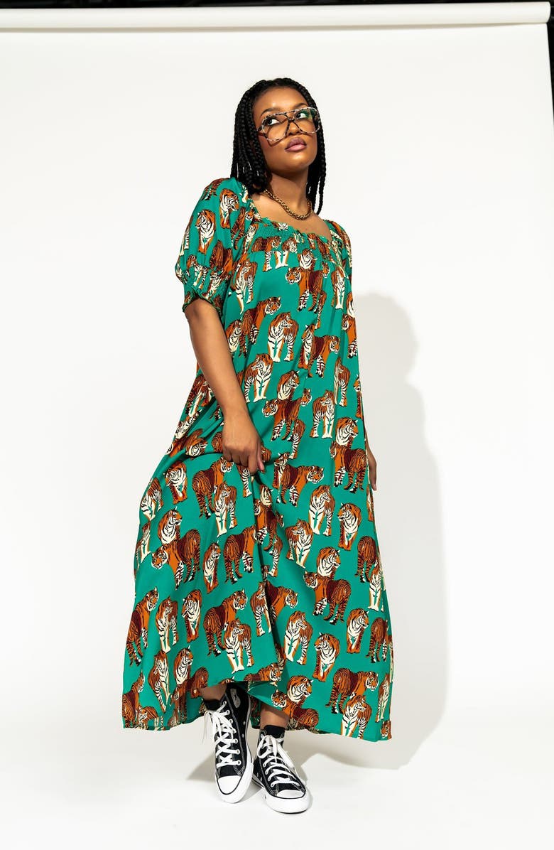 Dressed in Lala Tiger Print Smocked Maxi Dress, Alternate, color, Green Tiger