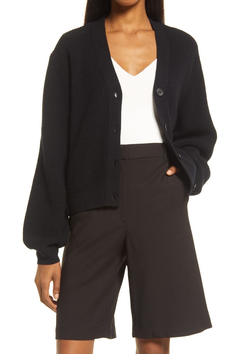 Boxy Lambswool Cardigan, Main, color, BLACK