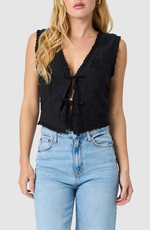 Ruffle Embroidered Tie Front Cotton Tank