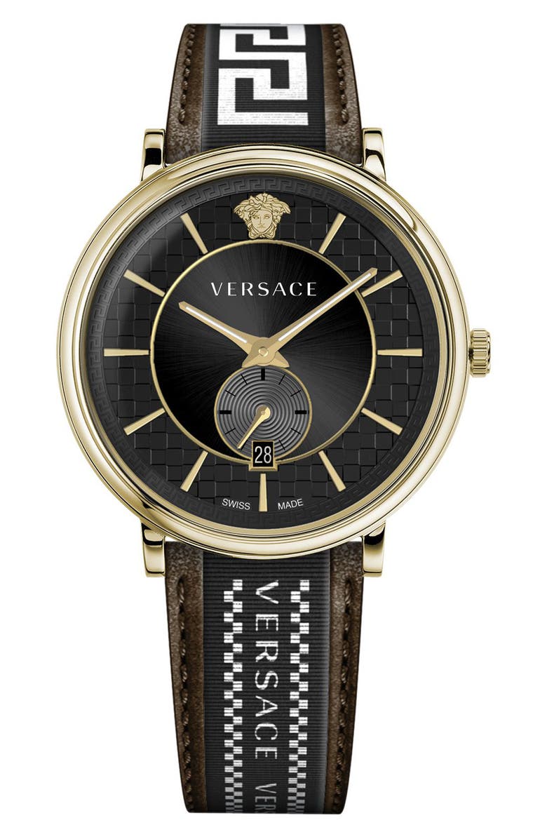 Versace V Circle Greca Leather Strap Watch, 42mm, Main, color, 
