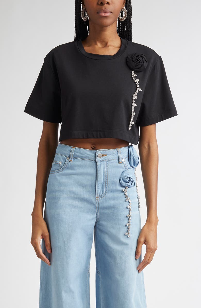 Area Crystal Rosette Crop T-Shirt, Main, color, Black