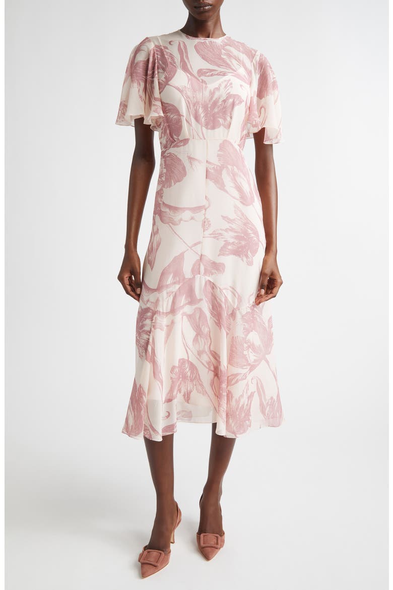 Botanical Engraving Silk Voile A-Line Midi Dress, Main, color, BOTANICAL ENGRAVING CAMEO PINK