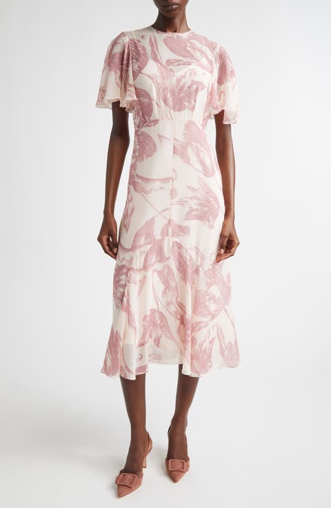 Botanical Engraving Silk Voile A-Line Midi Dress