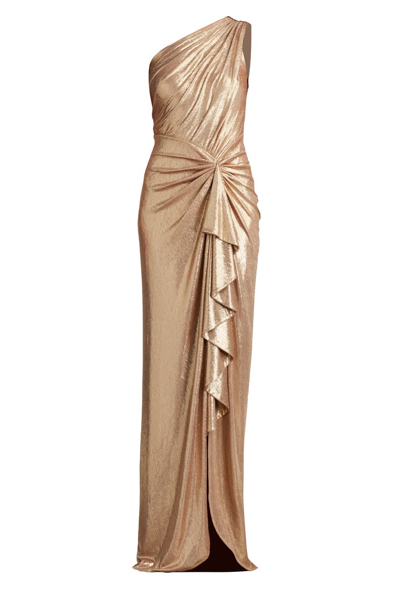 Foil Ruffle One-Shoulder Gown, Alternate, color, GOLD DUST