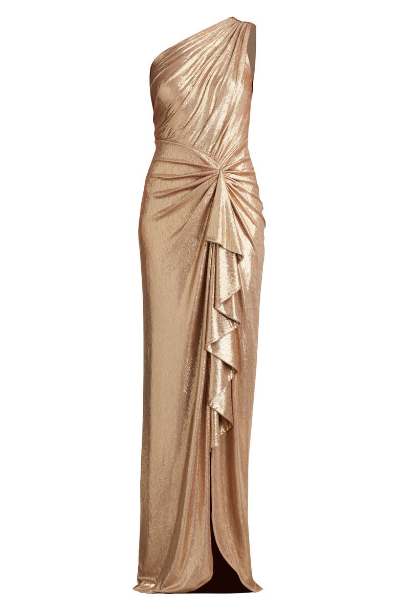 Tadashi Shoji Foil Ruffle One-Shoulder Gown, Alternate, color, Gold Dust