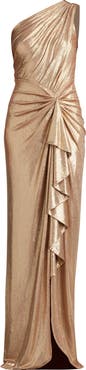 Tadashi Shoji Foil Ruffle One-Shoulder Gown