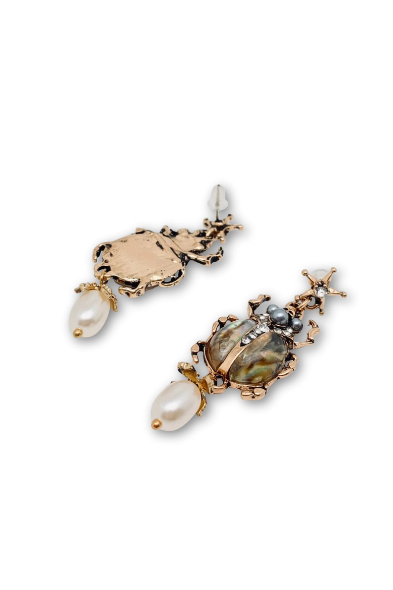Vintage Scarab Pearl Earrings, Alternate, color, Burnished Gold