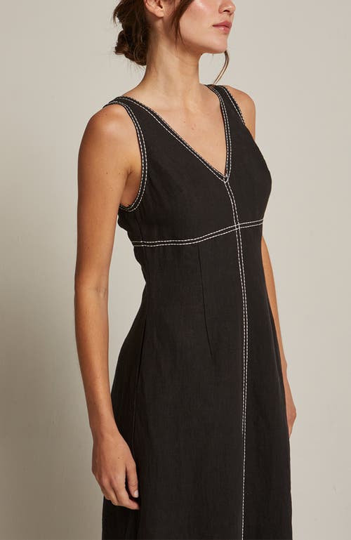 CRESCENT CRESCENT EMBROIDERED CONTRAST STITCH LINEN MIDI DRESS