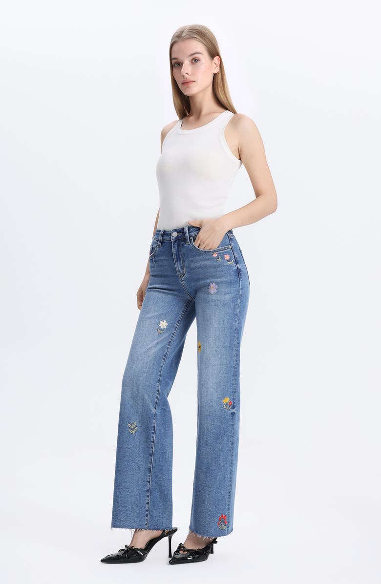 Bayeas Embroidered Raw Hem Mid Rise Wide Leg Jeans, Alternate, color,