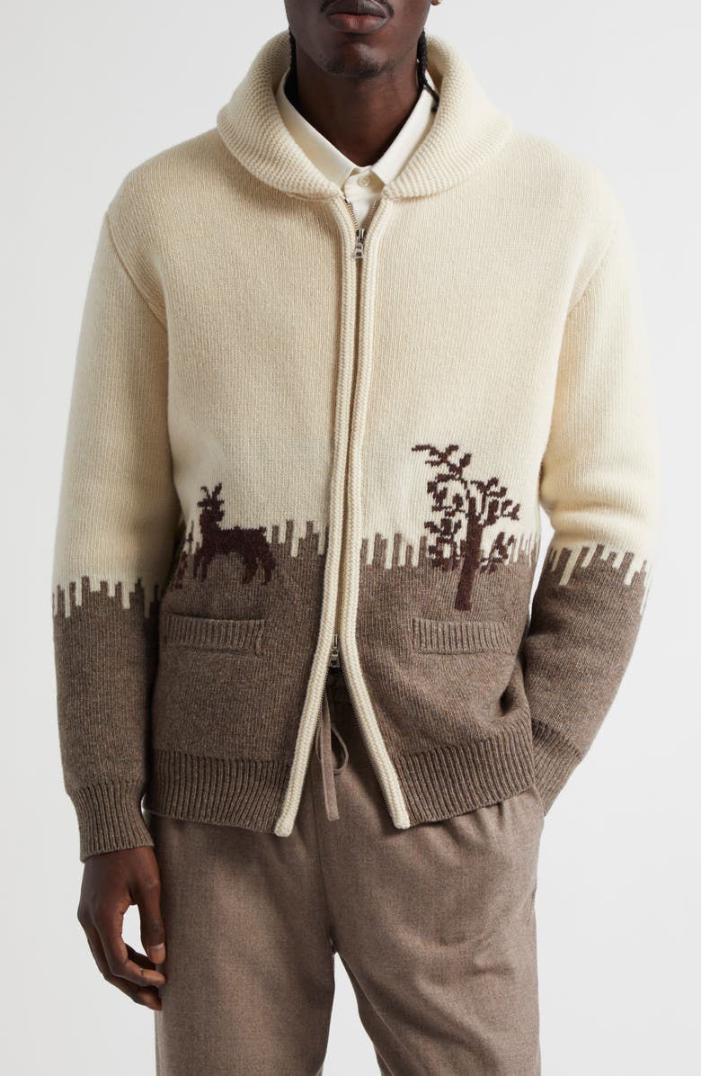 De Bonne Facture Goat & Tree Jacquard Merino Wool Zip Cardigan, Main, color, 