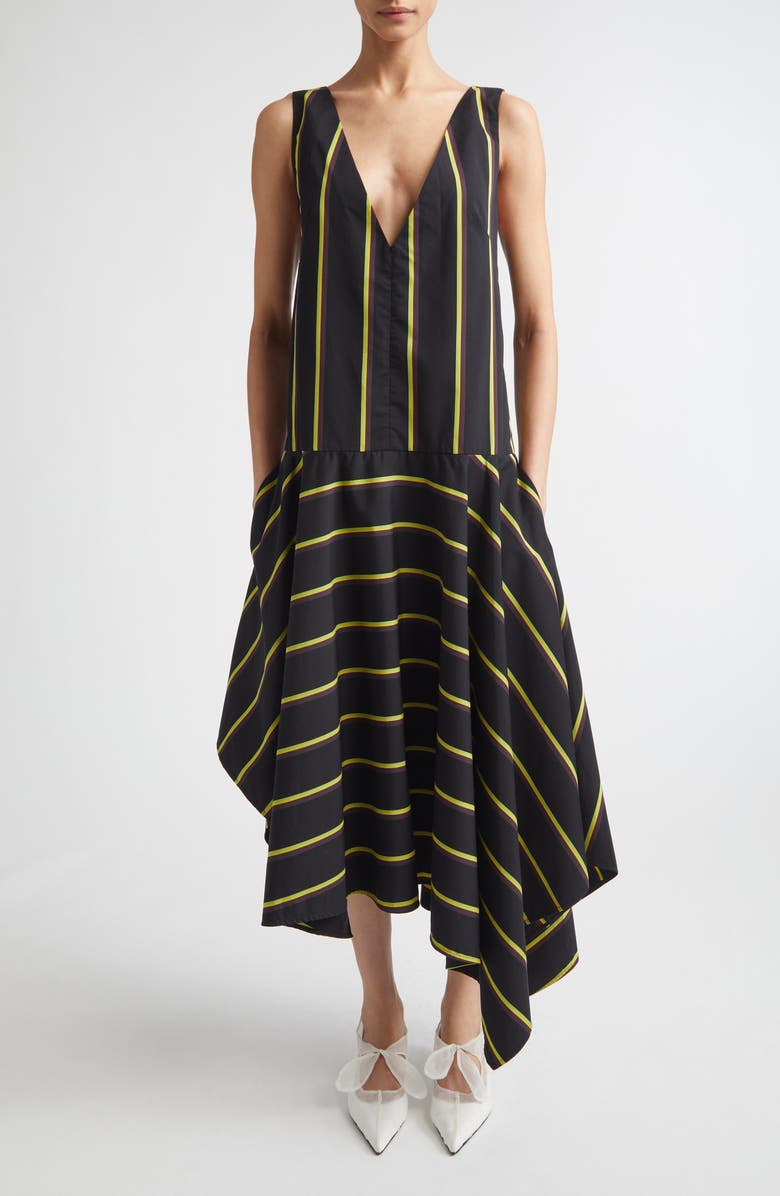 Proenza Schouler Beatriz Stripe Asymmetric Midi Dress, Main, color, Black Multi