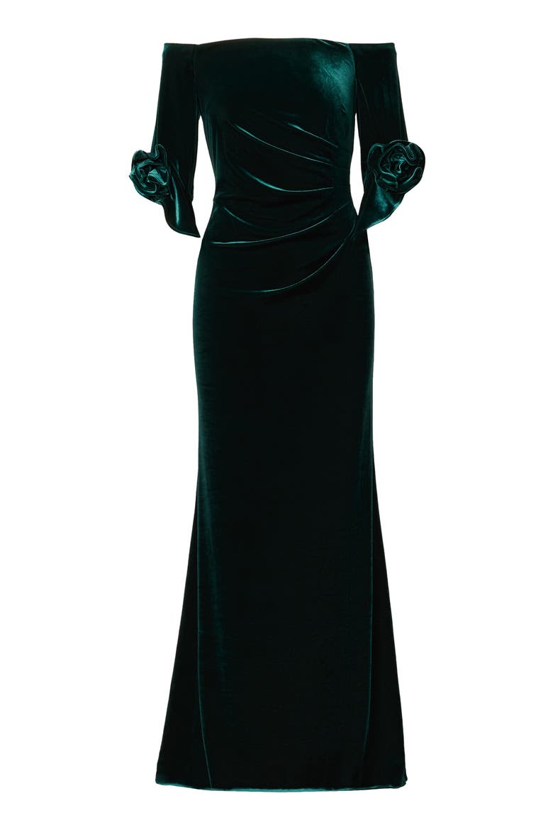 Bell Sleeve Off the Shoulder Stretch Velvet Rosette Gown, Alternate, color, HUNTER