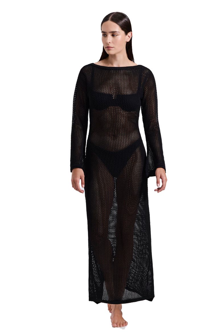 Monaco Net Crochet Maxi Beach Dress Cover-Up, Alternate, color, Black