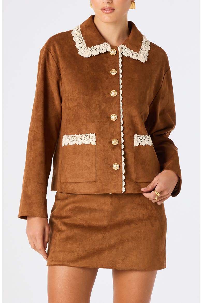 Gavriella Lace Trim Faux Suede Jacket, Main, color, CAMEL