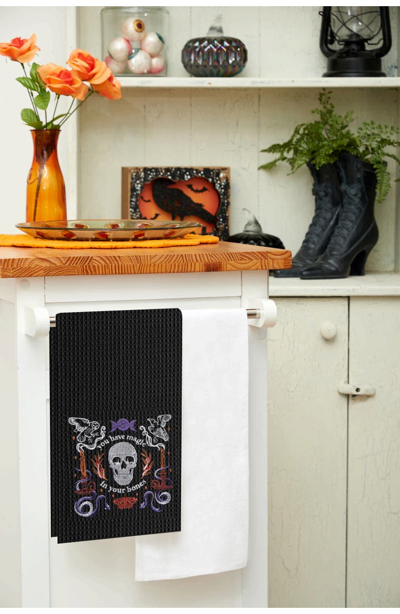 C&F Home Magic In Your Bones Skull Halloween Embroidered Cotton Waffle Weave Kitchen Towel, Alternate, color, Black