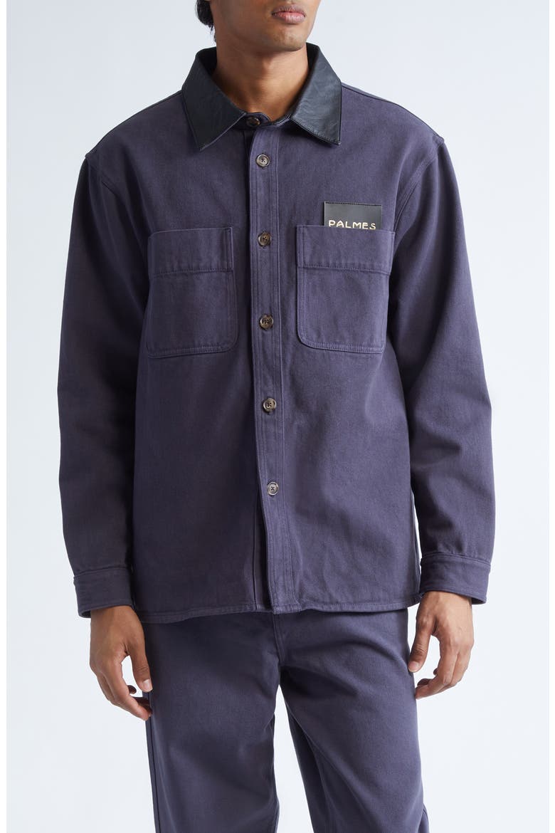 Leather Collar Twill Overshirt, Main, color, DARK BLUE
