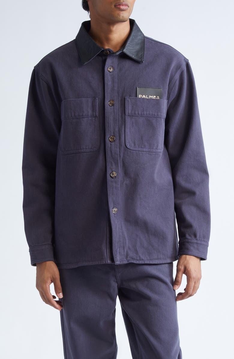 PALMES Leather Collar Twill Overshirt, Main, color, Dark Blue